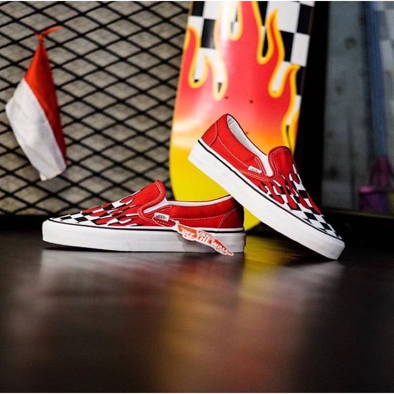 SEPATU VANS SLIP ON CHECKERBOARD FLAME RED 100% ORIGINAL