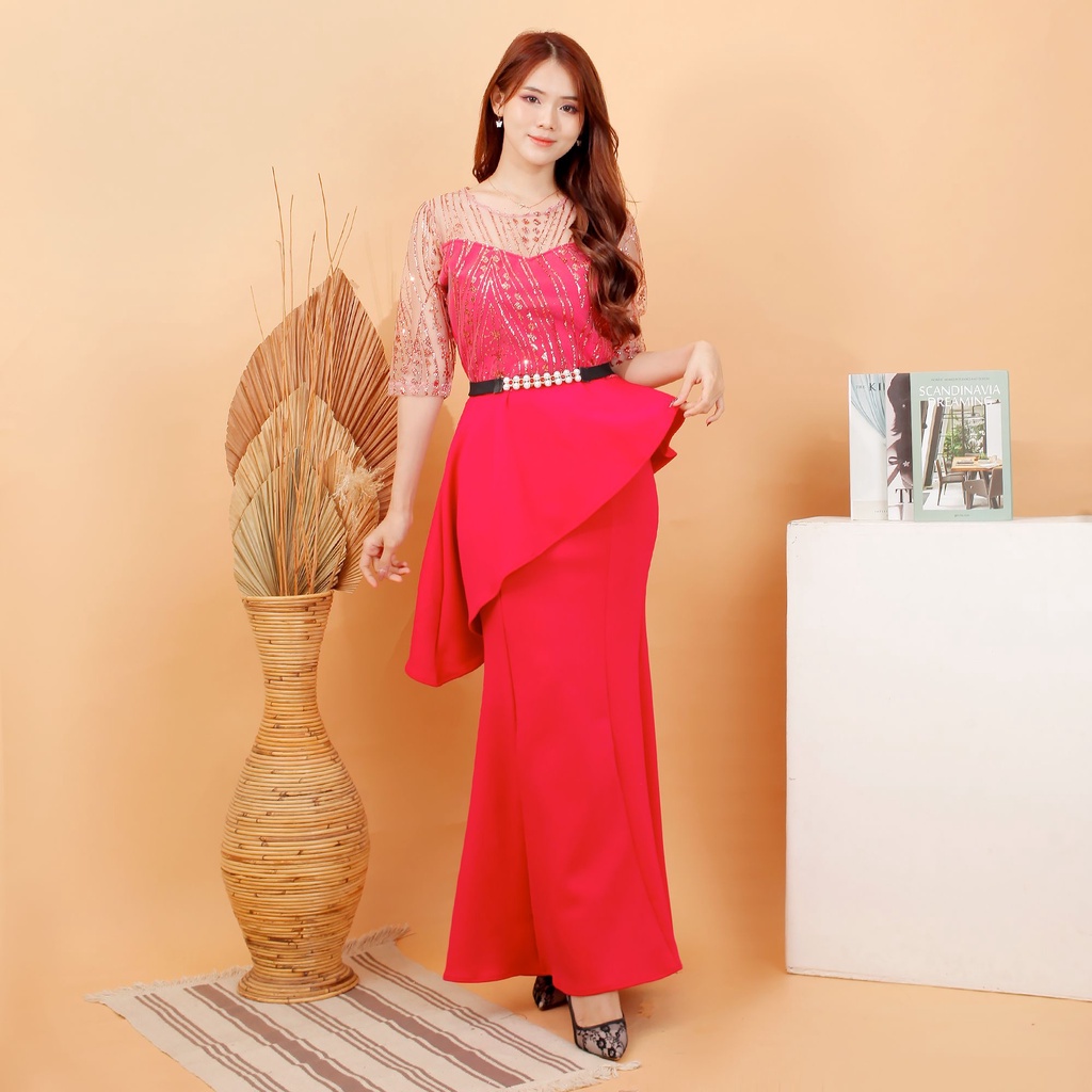 kathryn collection # 4873 , LONG DRES BAHAN SCUBA KOMBINASI TILE SUGAR CANDY FREE BELT MUTIARA