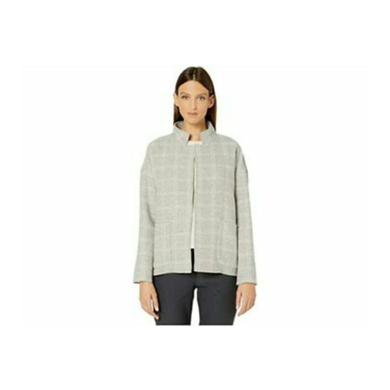 Eileen fisher heathered check wool blend high collar coat