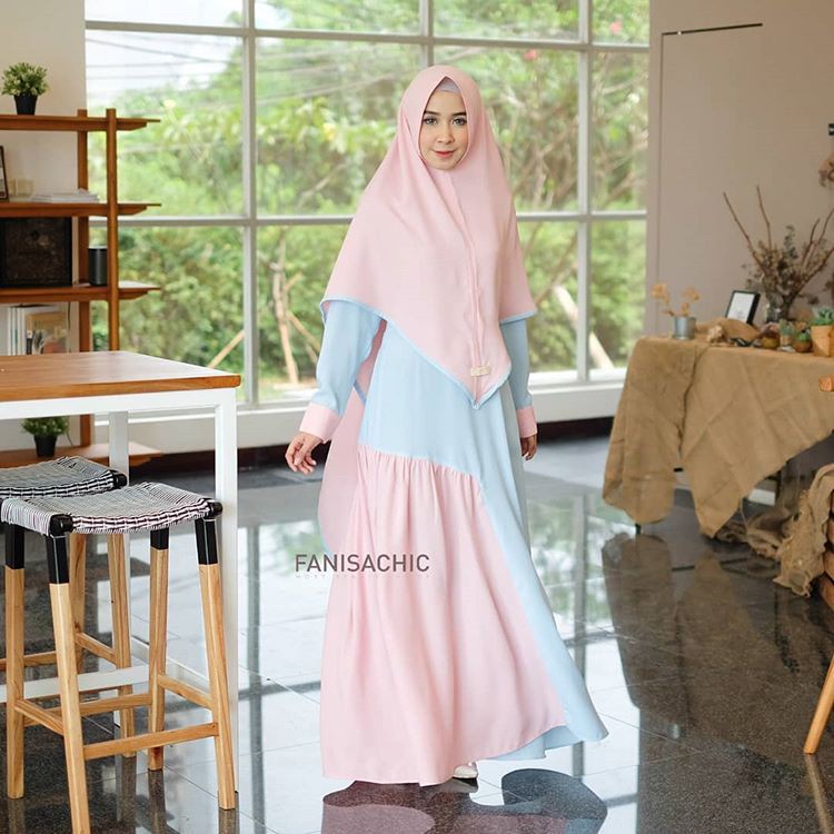 gamis Ibu Menyusui FATHIA SET BLUE GAMIS KERUDUNG PANJANG FANISACHIC SYARI