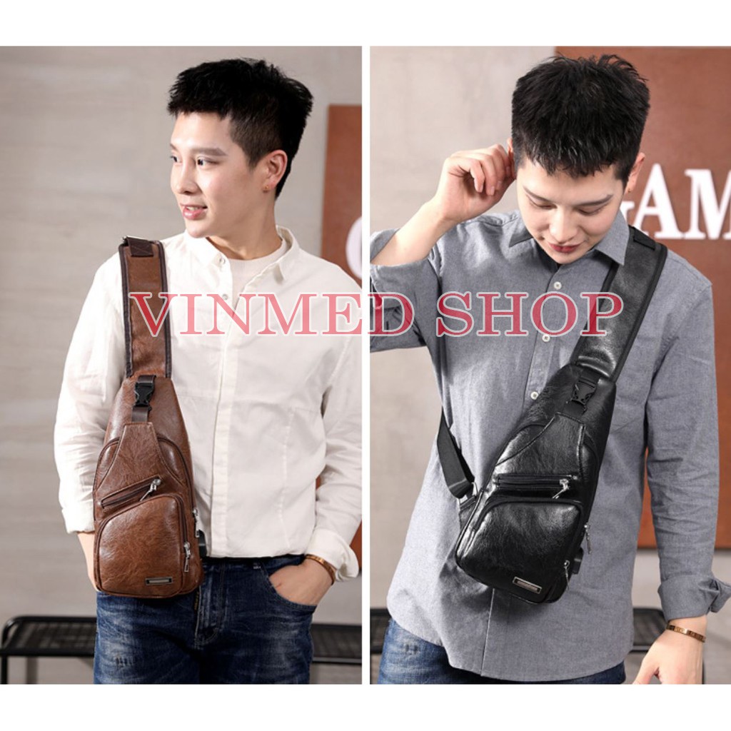 Tas Selempang Pria Import Sling Bag Kulit USB Port Tas Slempang Pria