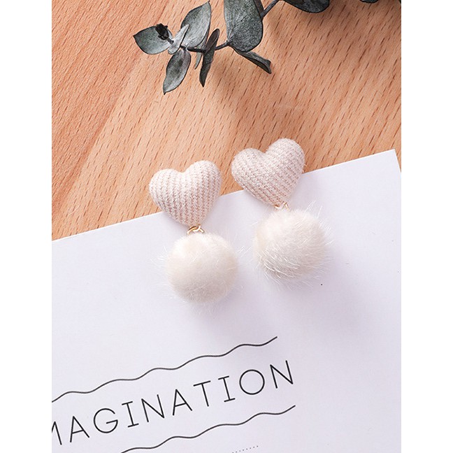 LRC Anting Tusuk Fashion Heart Shape Decorated Pom Ball Earrings