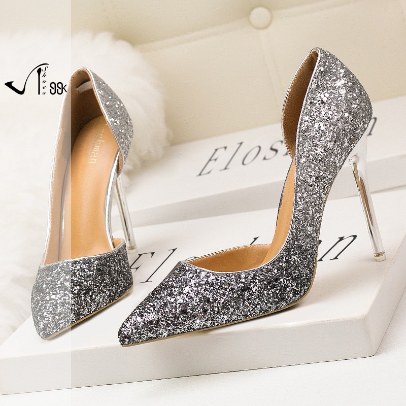 Ladies Glitter Sequins Party Pointy Toe Slim High Heel Pull On 5164 (35-40)