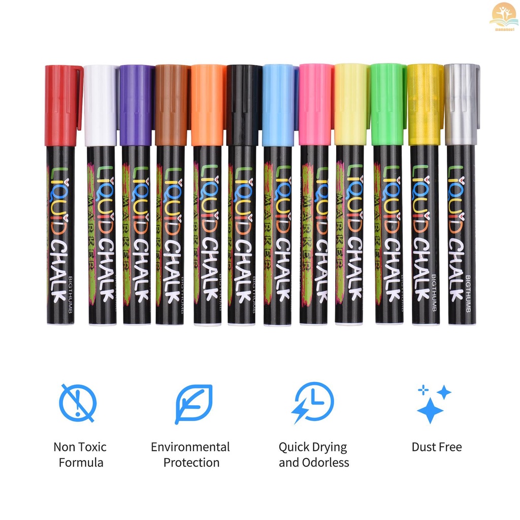 BIGTHUMB Liquid Chalk Markers 12 Vibrant Colors with 3mm Reversible Tip Erasable Water-based Chalkboards Marker Pens Non Toxic Quick Drying for Blackboard Glass Mirrors Office Home Restaurants Supplies