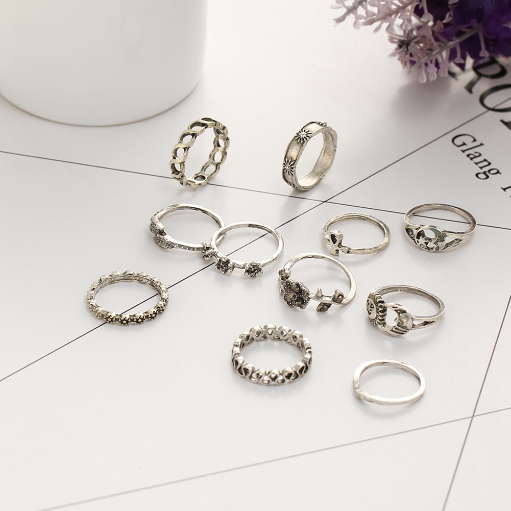 Hu Hu Hu Hu Hu Alat Bantu Pasang Kacamata♡ 11pcs / Set Cincin Buku Jari Aneka Bentuk Warna Silver Gaya Bohemia Untuk Wanita