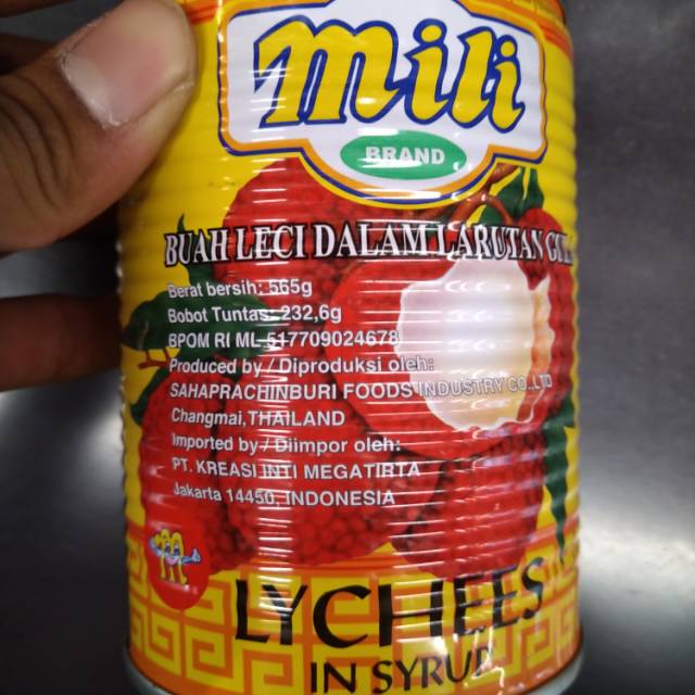 

Mili brand lychees in syrup 565gr buah leci dalam kaleng