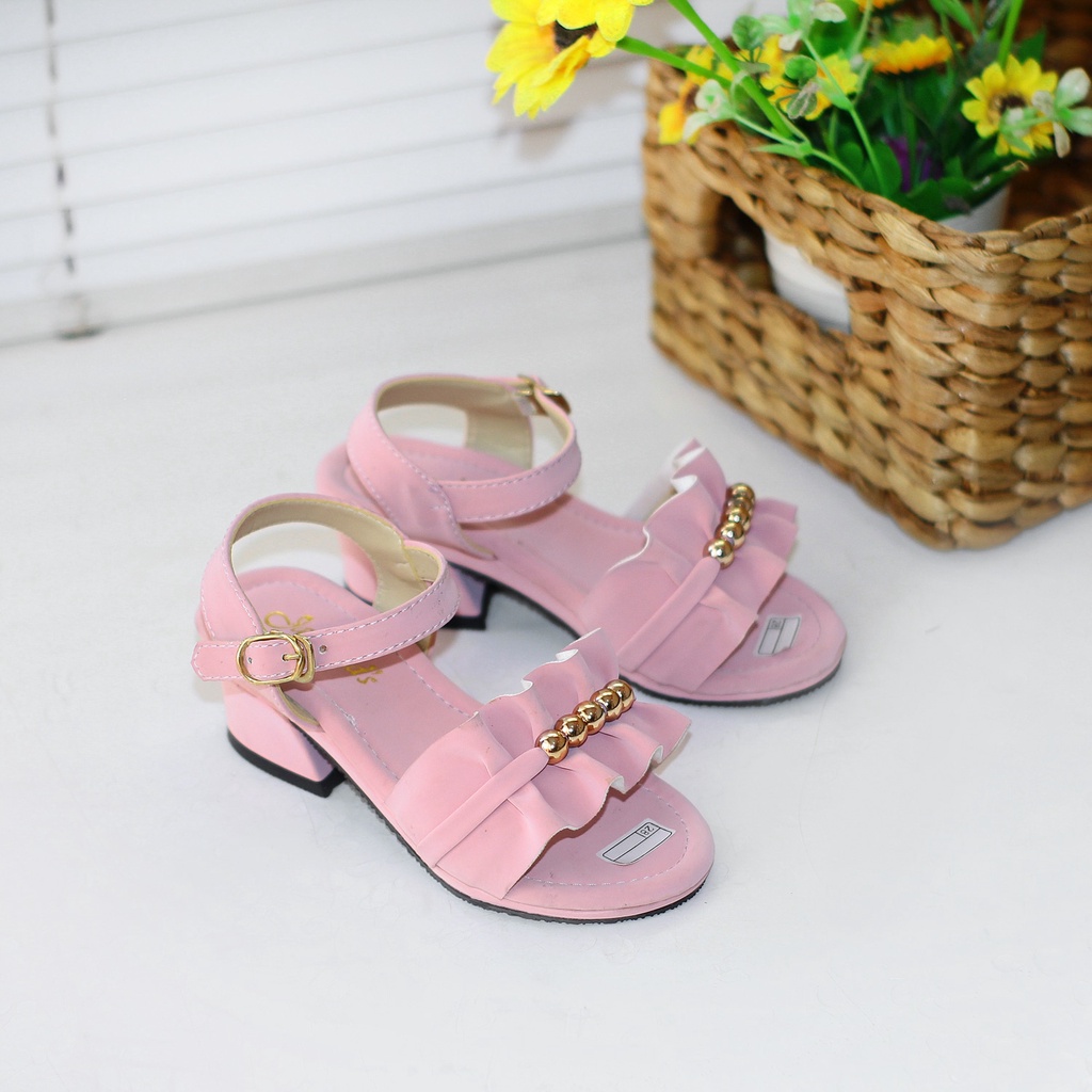 Sandal Hak Pesta Anak Perempuan  Tali Belakang Tinggi 3 Cm Sol Non-Slip Empuk Anti Lecet Motif Mutiara Kerut JLS1