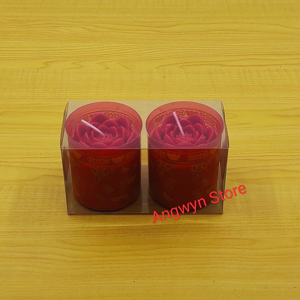 Lilin Mika Merah Motif Teratai / Lilin Sembahyang isi 1 Set (2 Pcs)