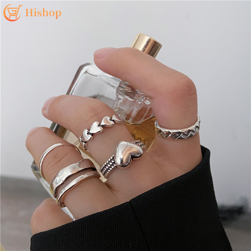 5pcs / Set Cincin Bentuk Hati Adjustable Untuk Wanita