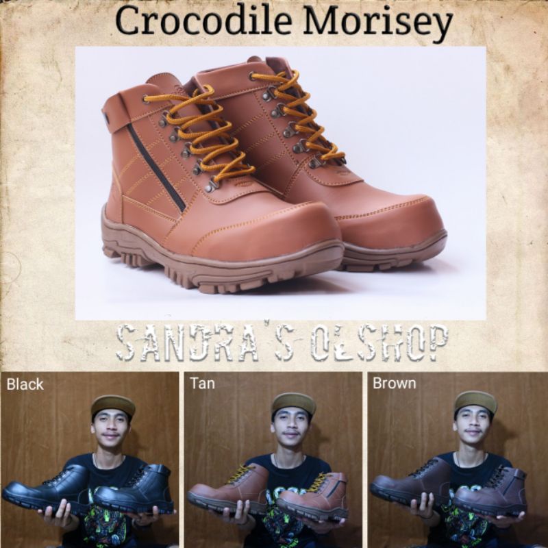 Sandra's Olshop - TERMURAH Sepatu Boots Pria 6 inchi Crocodile Morisey Hitam Coklat Tan Safety ujung besi kerja lapangan bikers hiking touring adventure berburu