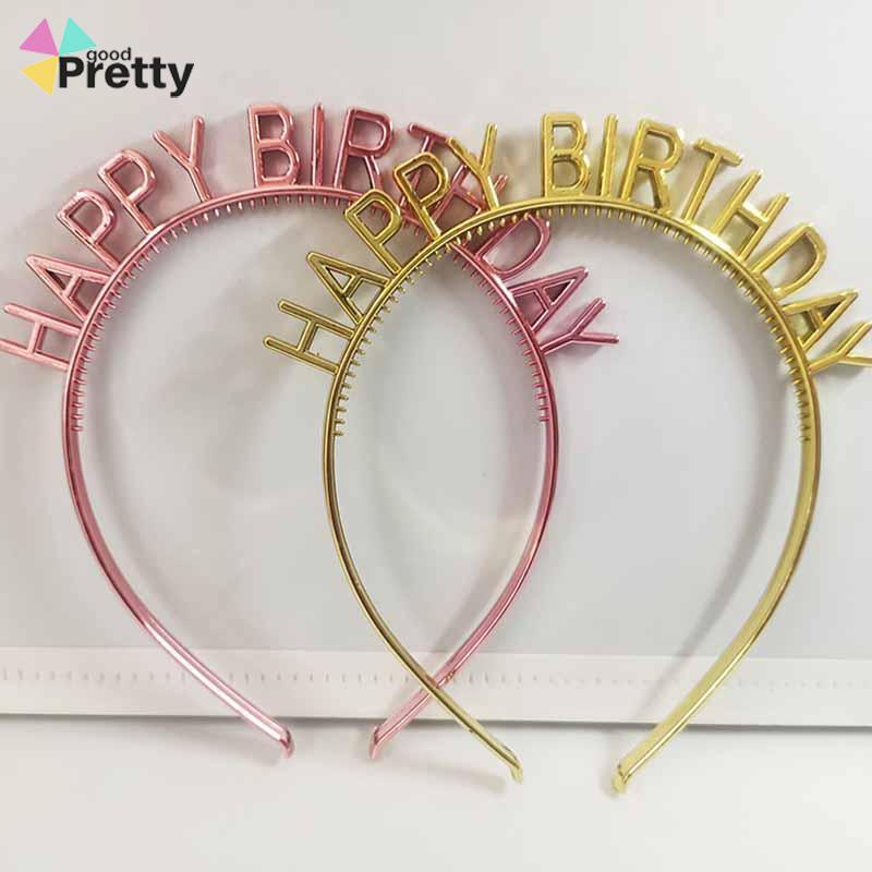 Bando Happy Birthday Jepit Rambut Bentuk Mahkota Tulisan Warna Rose Gold Silver Untuk Dekorasi Pesta Ulang Tahun ikat kepala