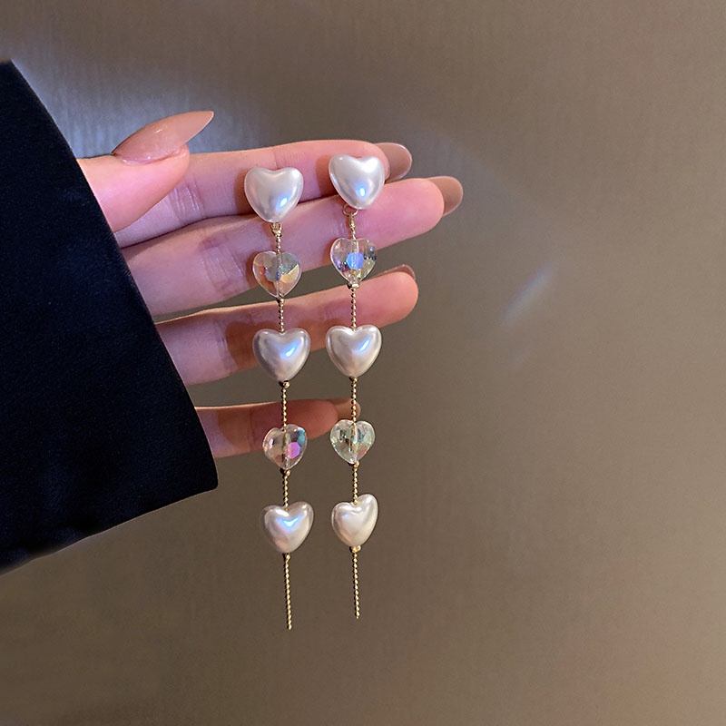 Anting Rumbai Panjang Aksen Mutiara Kristal Bahan 925 silver needle