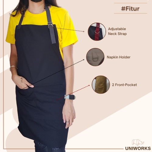 UNIWORKS Apron Barista Multifungsi seri V01 Bahan American Drill Premium dengan Kombinasi 6 Warna dan 3 Ukuran Panjang