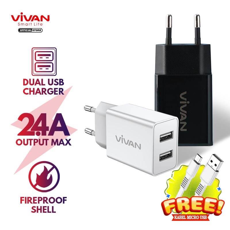 VIVAN Dual USB Charger 2.4A DD02 12W  with Charging Cable - Garansi Resmi 1 Tahun