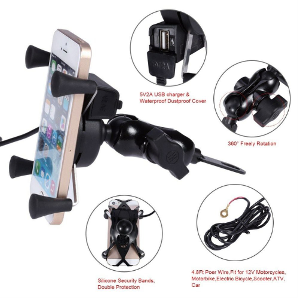 X-Grip Phone Holder Spion Motor + Charger USB Handphone Dengan Saklar On Off