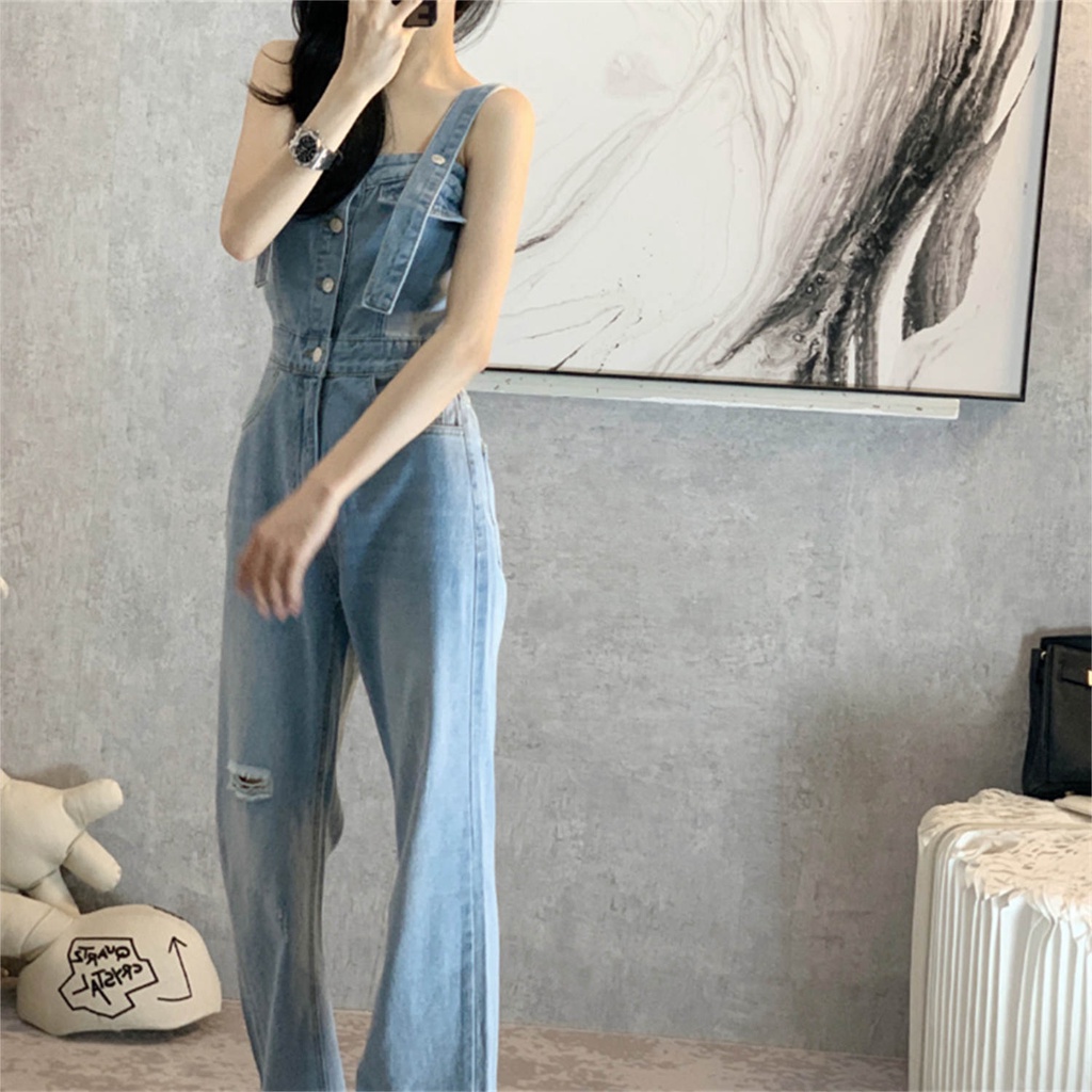 Design sense niche denim overalls summer dress ins wind high waist drape slim fit pants women s spri