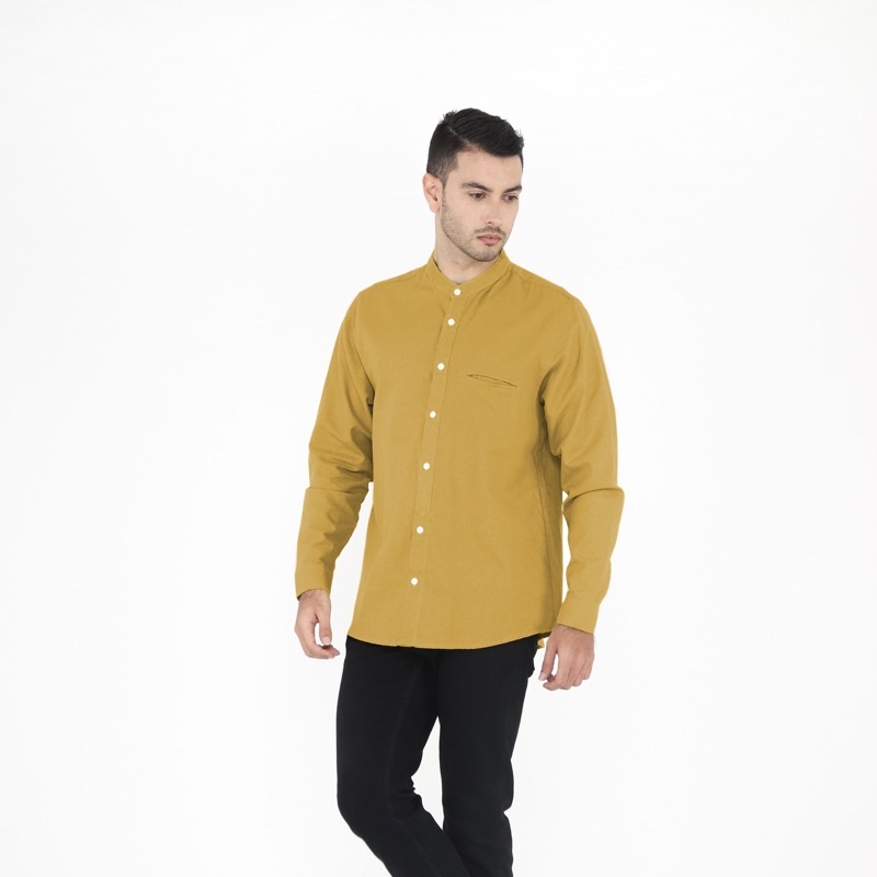 Yobebee Kemeja Pria Dewasa Linen Tangan Panjang Baju Muslim Atasan Polos Slim Fit Kemeja Koko Chiangi Kerah Laki Laki Baju Couple Anak dan Ayah-Mustard