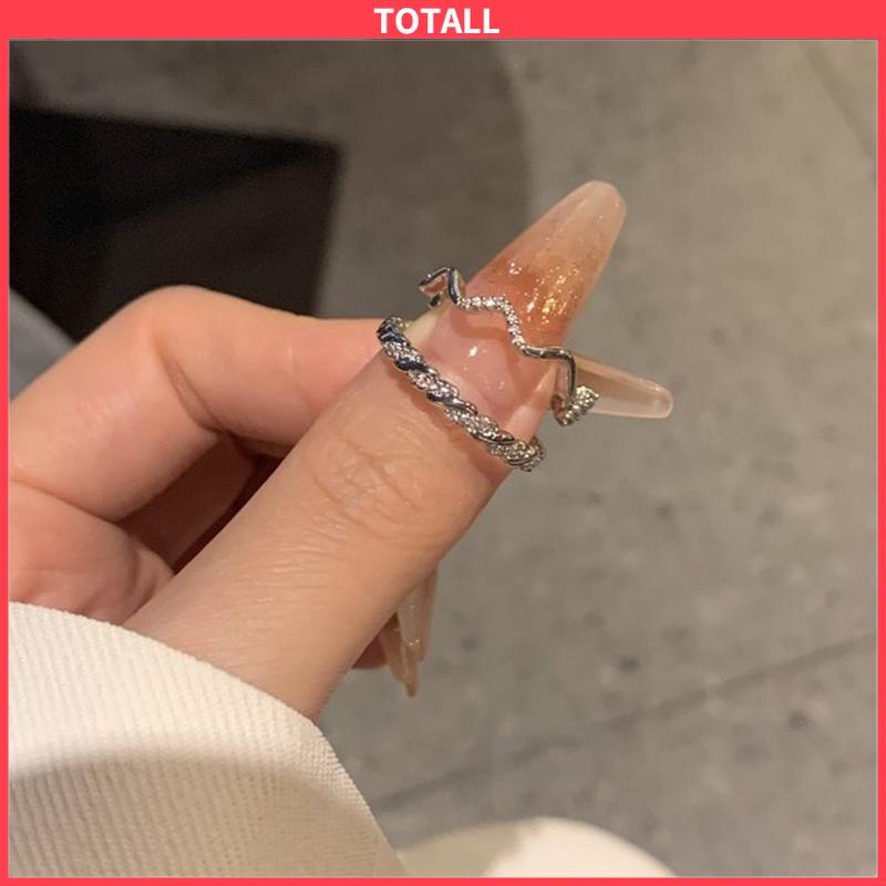COD 2 PCS Cahaya Mewah Wanita High-end Super Indah Bergaris Gelombang Cincin Pembukaan Temperamen-Totall