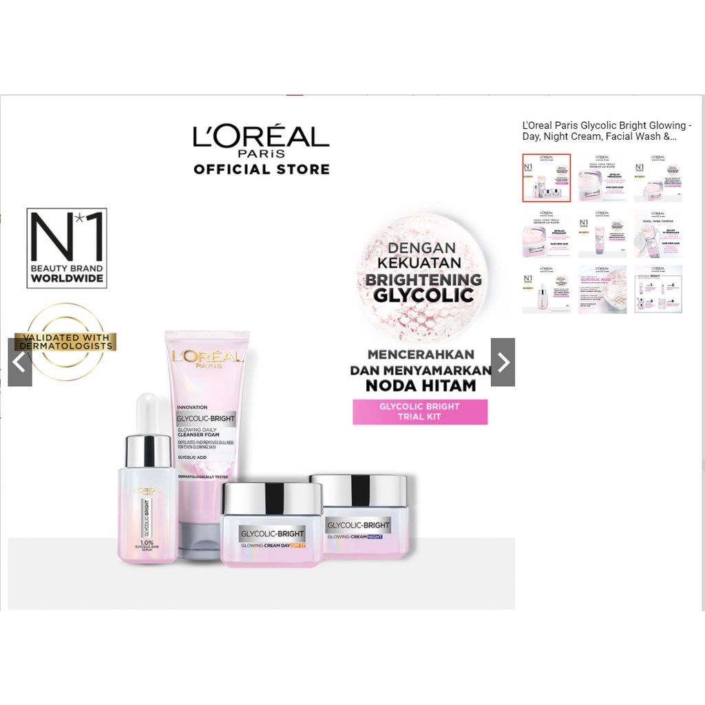 L'Oreal Paris Glycolic Bright Glowing - Day, Night Cream, Facial Wash &amp; Serum - Skincare Glyco Loreal Series