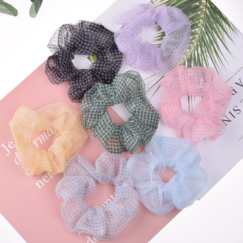 Ikat Rambut Scrunchie Elastis Motif Kotak-Kotak / Ikat Rambut Ponytail Elastis Bahan Satin