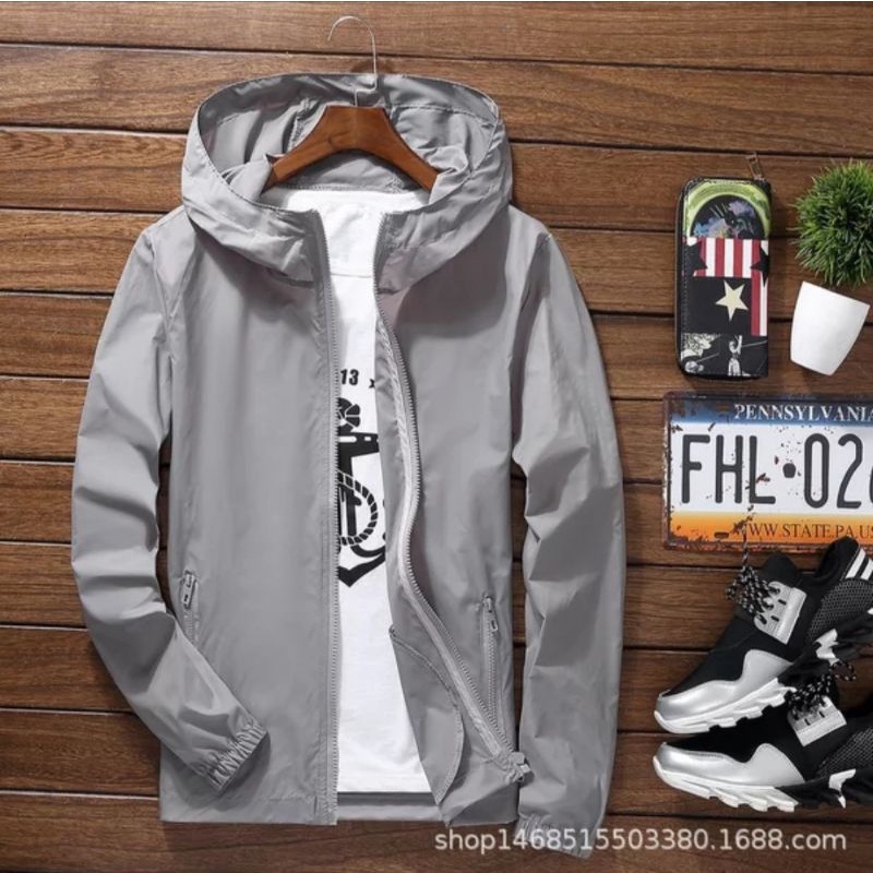 Jaket JUMBO Big Size 5XL 6XL 7XL Windbreaker Sport Jacket Olahraga Sepeda Lari Pria Wanita Man Woman-Abu-Abu / Grey