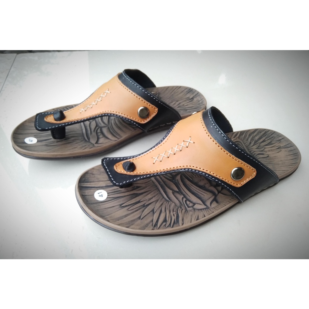 Sandal Pria kulit asli, Outsole karet 3 Dimensi Kepala singa. Sandal unik pria
