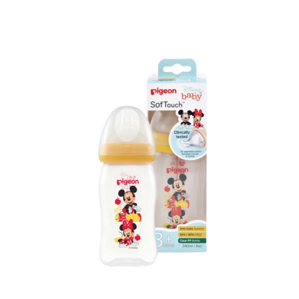 Pigeon Botol Susu SofTouch Peristaltic Plus PP Clear Wide Neck Mickey Bottle 3+ Bulan Kuning 240ml