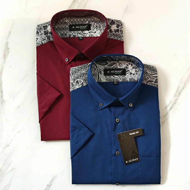 Alisan Kemeja Pria Slimfit Pendek Dobby Pundak Batik Biru Navy / Merah