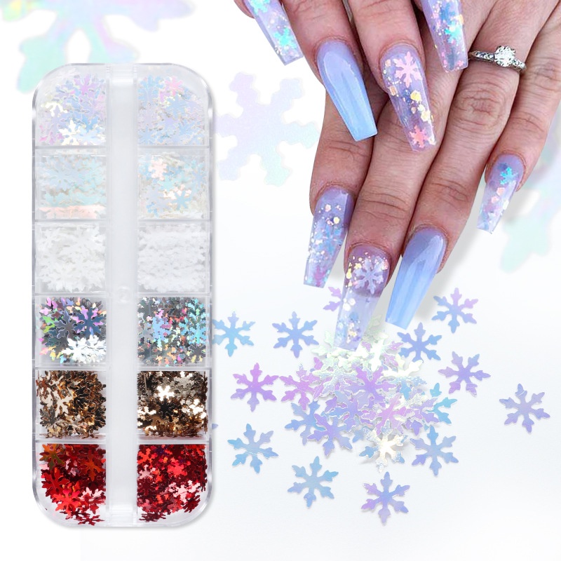 12 Grid Stiker Payet Desain Snowflake Natal Untuk Dekorasi Nail Art