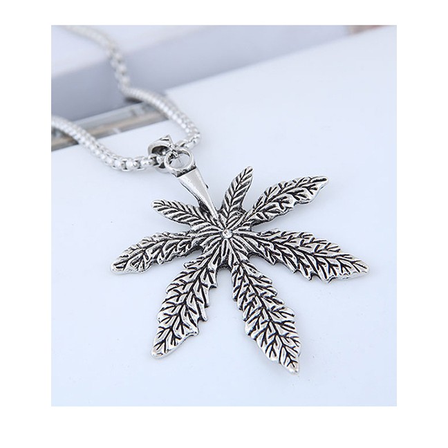 LRC Kalung Fashion Silver Metal Maple Leaf Long Necklace A57454