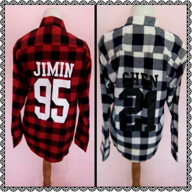 Kemeja flanel kpop exo/bts/superjunior/jungkook/baekhyun/custom
