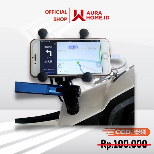 X-Grip Holder Motor Smartphone dengan USB 12V 2A / Dudukan Pengangan Penyangga Phone Holder Motor Hp