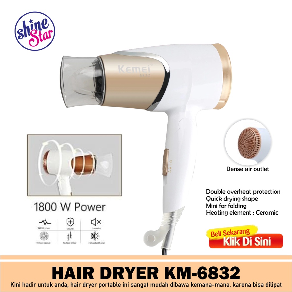 SHINE STAR - BISA COD - PROMO Kemei KM-6832/KM 6832 Pengering Rambut Model Lipat Panas Travel Hair Dryer