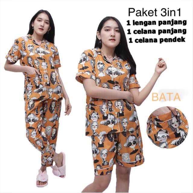 JNV Piyama Dewasa CP 3in1 Motif Karakter Kartun 01 - Baju Tidur 3in1 - Bahan Katun-Retro Bata