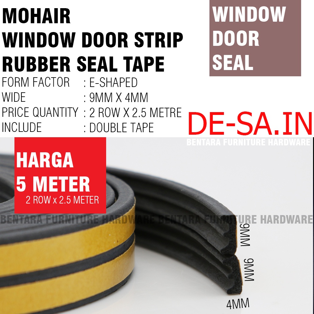 5 METER TIPE-E Moher Window Door Seal Strip HITAM BLACK Mohair Karet Double Tape Self Adhesive Celah Pintu Jendela EPDM FOAM RUBBER