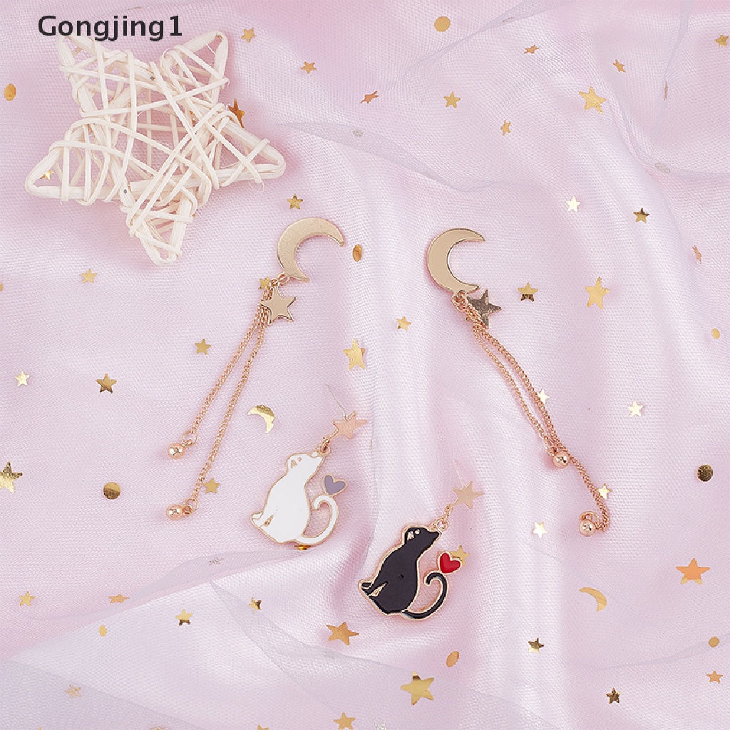 Gongjing1 Anting Tusuk Gantung Asimetris Desain Kucing + Bulan + Bintang Untuk Wanita