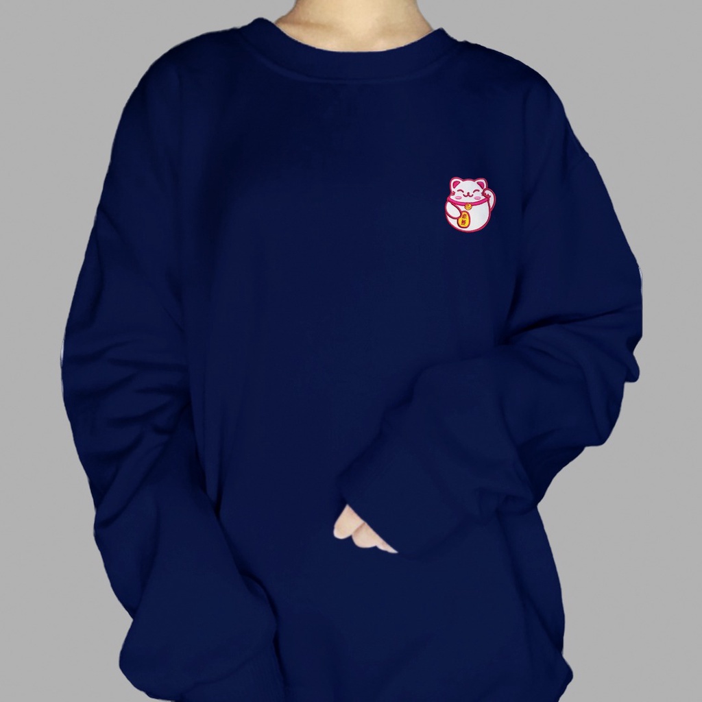 BORDIR SWEATER WANITA LUCKY CAT - CREWNECK CEWEK KEKINIAN PREMIUM