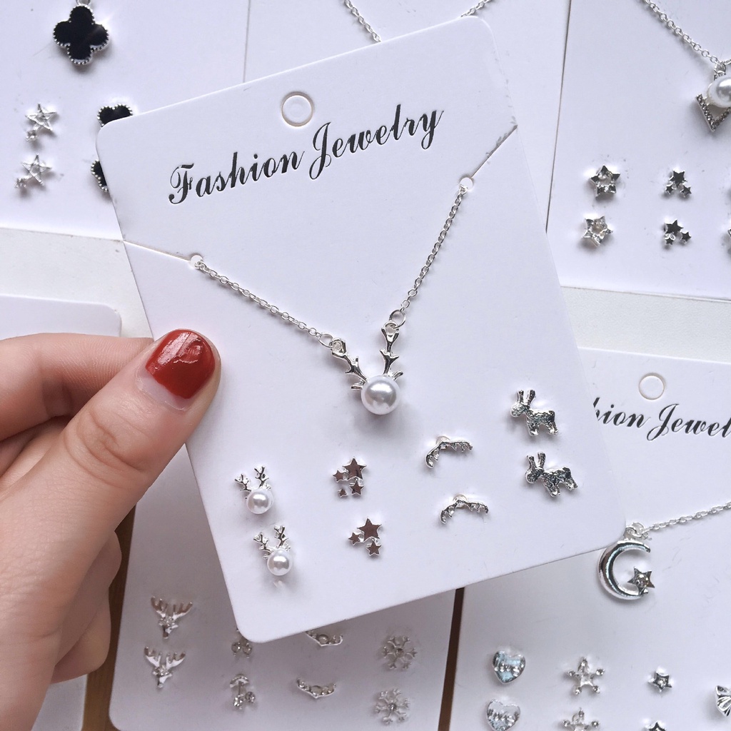 5 Pcs/set Empat Daun Mutiara Berbentuk Hati Clover Cross Wanita Kalung Satu Minggu Klavikula Rantai Anting-Anting Gabungan Set