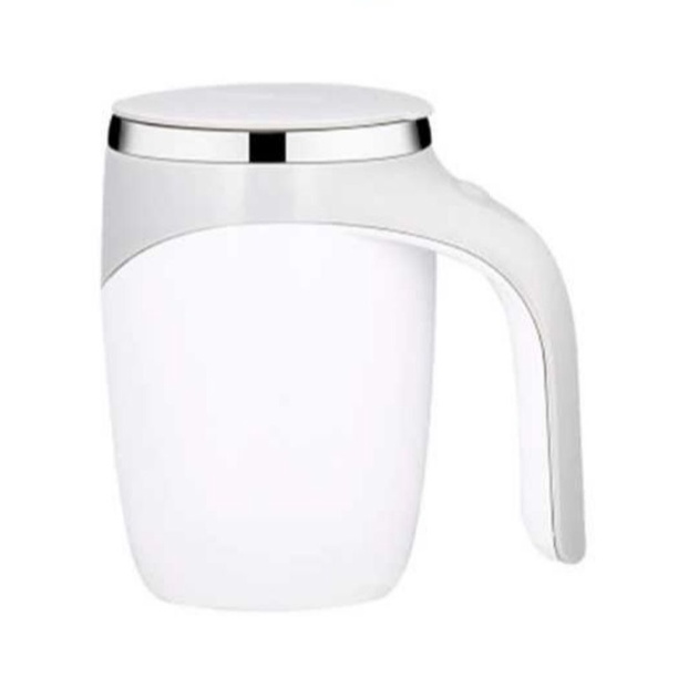 Gelas Cangkir Kopi Teh Tutup Unik Dengan Pengaduk Aduk Minuman Otomatis Self Stirring Cup Mug Automatic Mixing Magnetic Steering-Putih