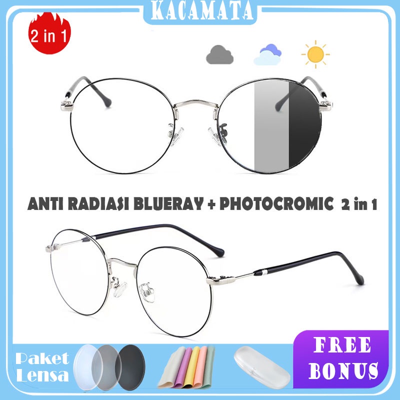 Kacamata Korea Bulat PHOTOCROMIC ANTI RADIASI BLUERAY 2in1 untuk miuns pria dan wanita metal 9001