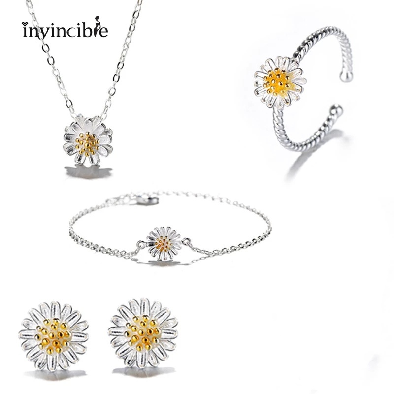 Set Kalung + Gelang + Anting + Cincin Motif Bunga Daisy Bahan Tembaga Untuk Wanita