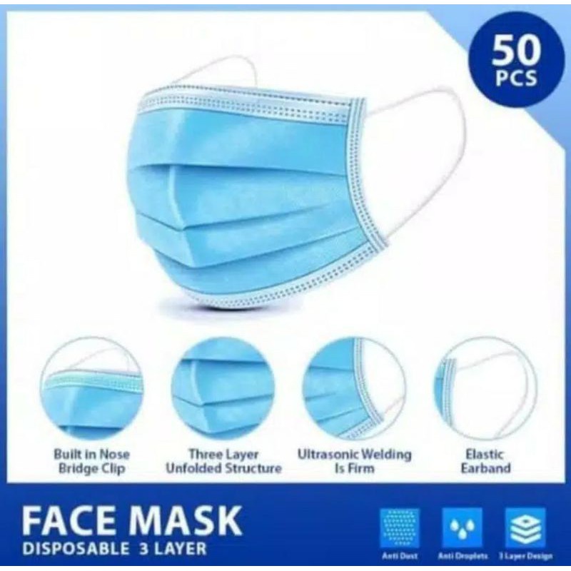 Masker earloop biru 50pcs/masker dewasa /masker 3ply /masker biru earloop/box full care/masker sekali pakai