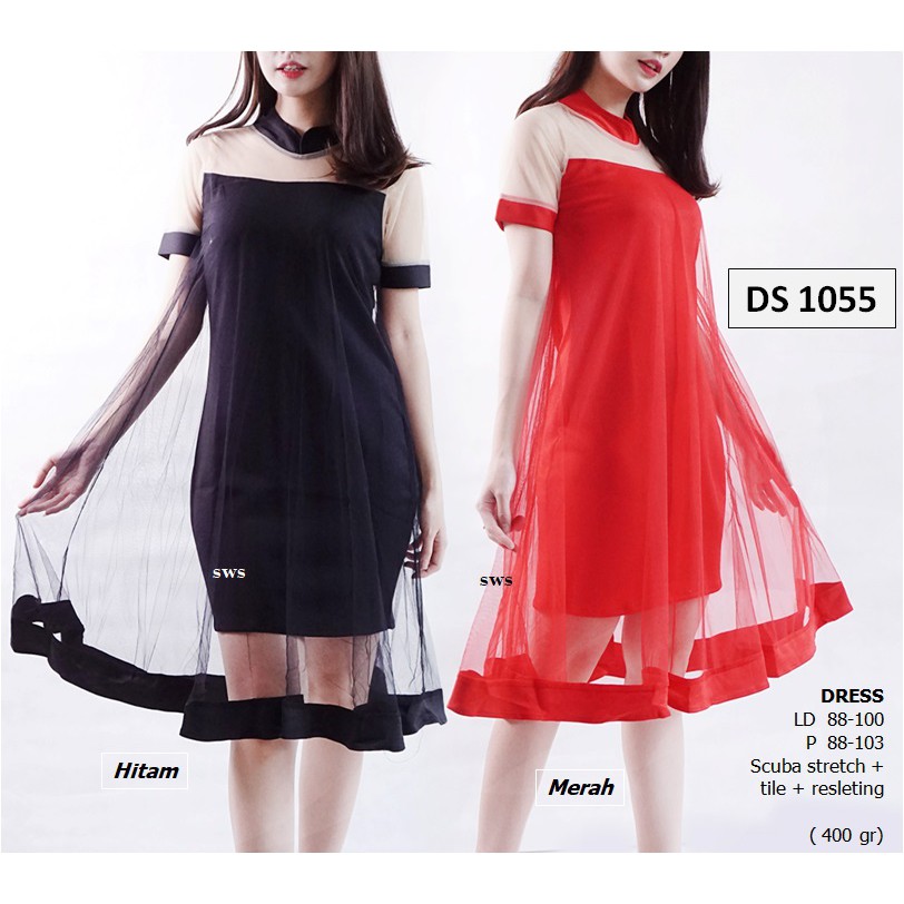 DS1055 -  DRESS PESTA MIDI FLARE SCUBA TILE DRESS WANITA BUMIL MURAH