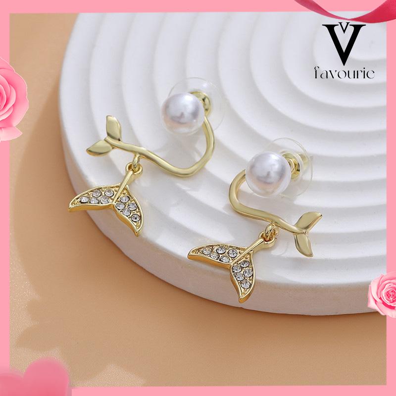 [COD]Pearl Fishtail Back Hanging Earrings Wanita High-end Cahaya Mewah Penuh Berlian Anting Geometris-FA