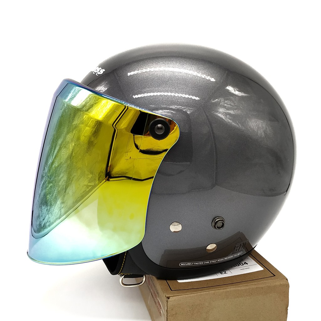 Helm Cargloss Retro Grey Glossy + Kaca Snail Iridium Gold