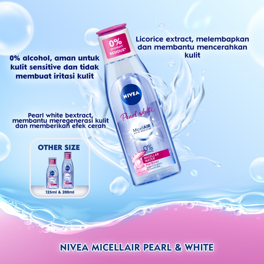NIVEA Micellar Water MicellAIR Skin Breathe 125ml / 200ml - Pearl White / Hydration - BPOM Pembersih Make Up Wajah - Cleanser Double Cleansing Micelar 0% Bebas Tanpa Alkohol Biru Pink  Miceair Micell Air