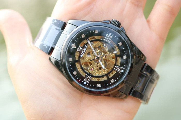 JAM TANGAN PRIA ROLEX AUTOMATIC SKELETON BESAR FULL BLACK (GOLD ROMAWI