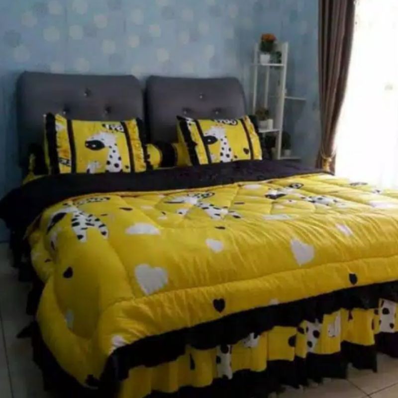 PROMO seprei rumbai pengantin set bedcaver rumbai ukuran 180*200*20 motif jerapah kuning bahan katun