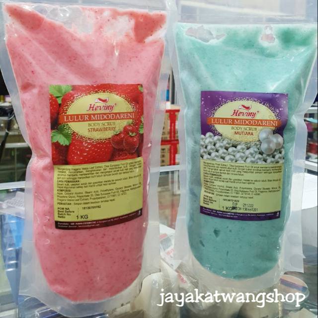 HEVINY LULUR MIDODARENI (BODY SCRUB) 1 KG Strawberry / Mutiara / Avocado / Green Tea / Chocolate