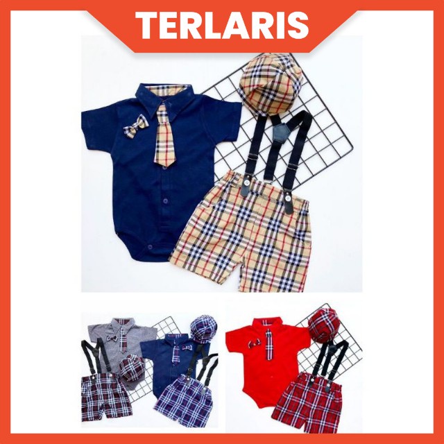 [3-18M] 6in1 Baju setelan jumper celana dasi pergi jalan lucu bestseller fashion anak bayi cowok murah / setelan jumper tuxedo 6in1 set jumper baby boy lucu / hampers baby cowok murah / setelan jumper bayi suspender topi dasi